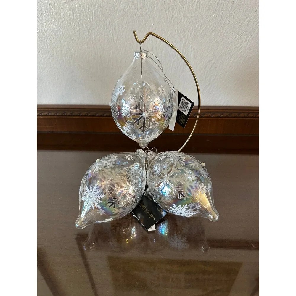 Robert Stanley Iridescent Glass Snowflake Ornaments Set of 3 Teardrop 6'' Jumbo